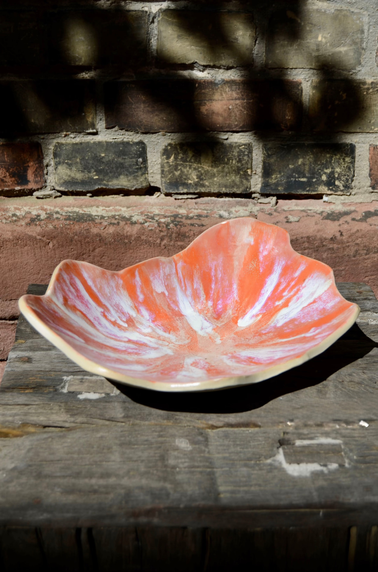 Coral belly bowl resting on a wooden bench