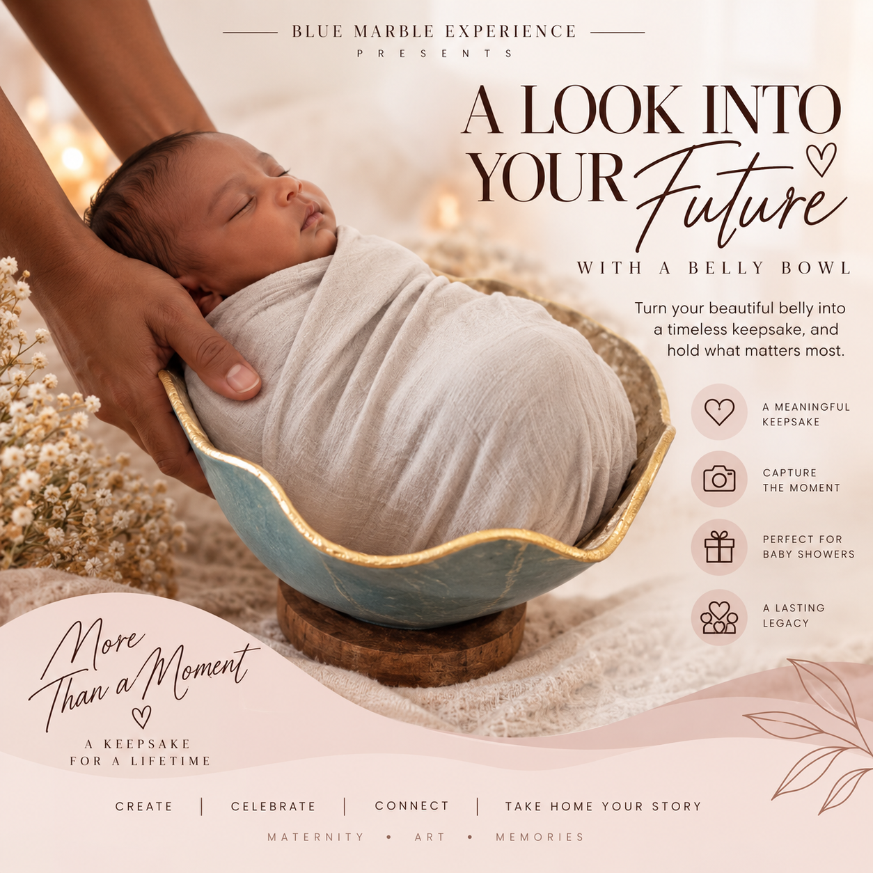 A newborn swaddled inside a finished Belly Bowl keepsake