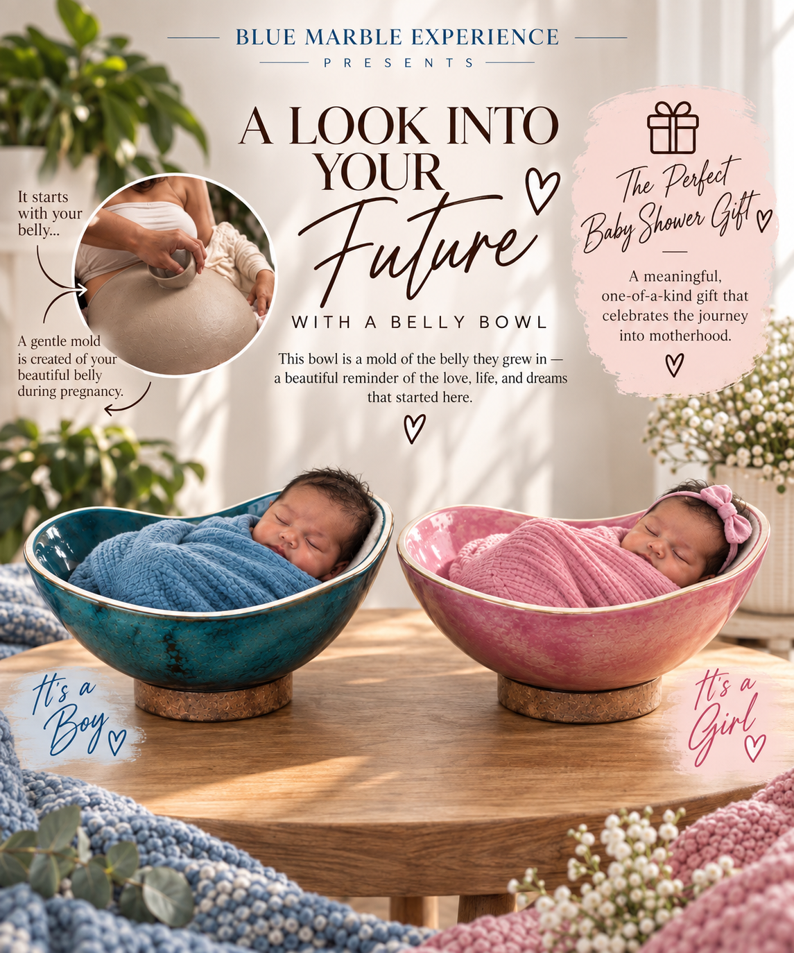 A look into your future with a Belly Bowl — two finished bowls holding a sleeping baby boy and baby girl