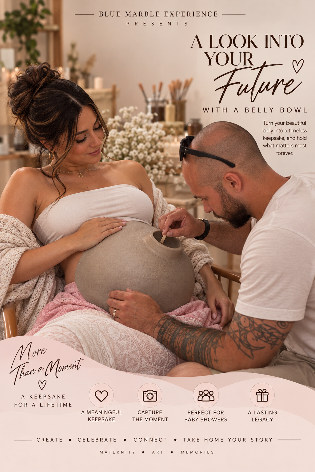 Couple creating a clay belly bowl keepsake at the Blue Marble Experience
