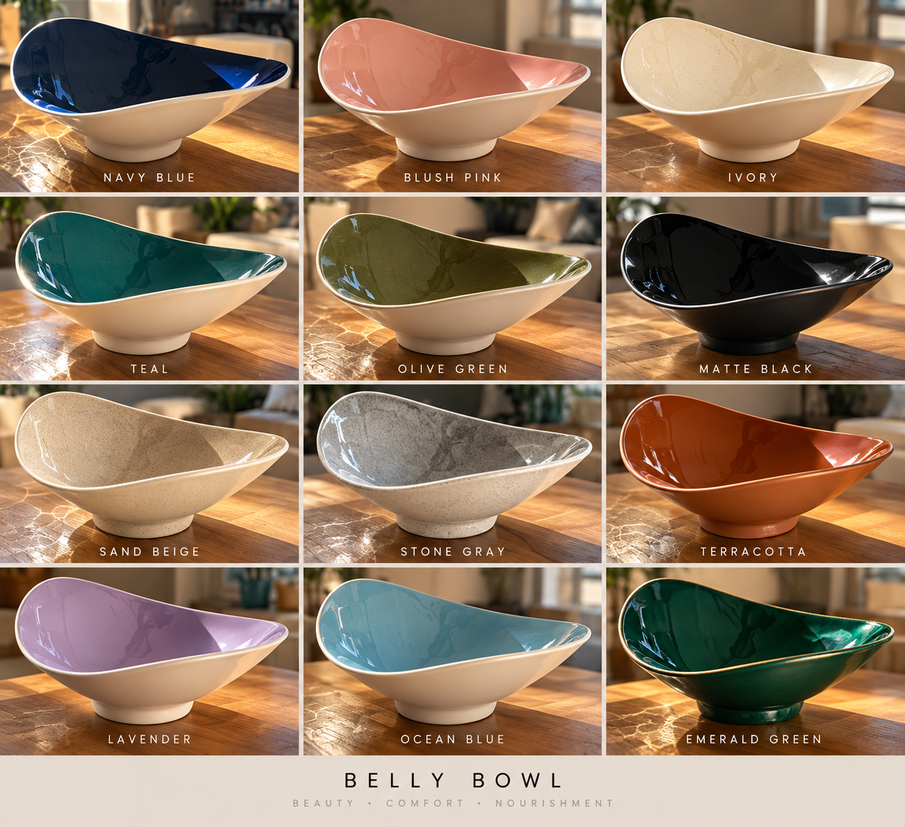 Belly Bowl glaze options on a white base, including navy blue, blush pink and emerald green