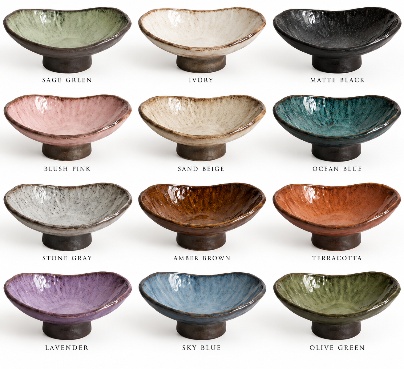 Belly Bowl glaze options on a brown clay base, including sage green, ivory and terracotta