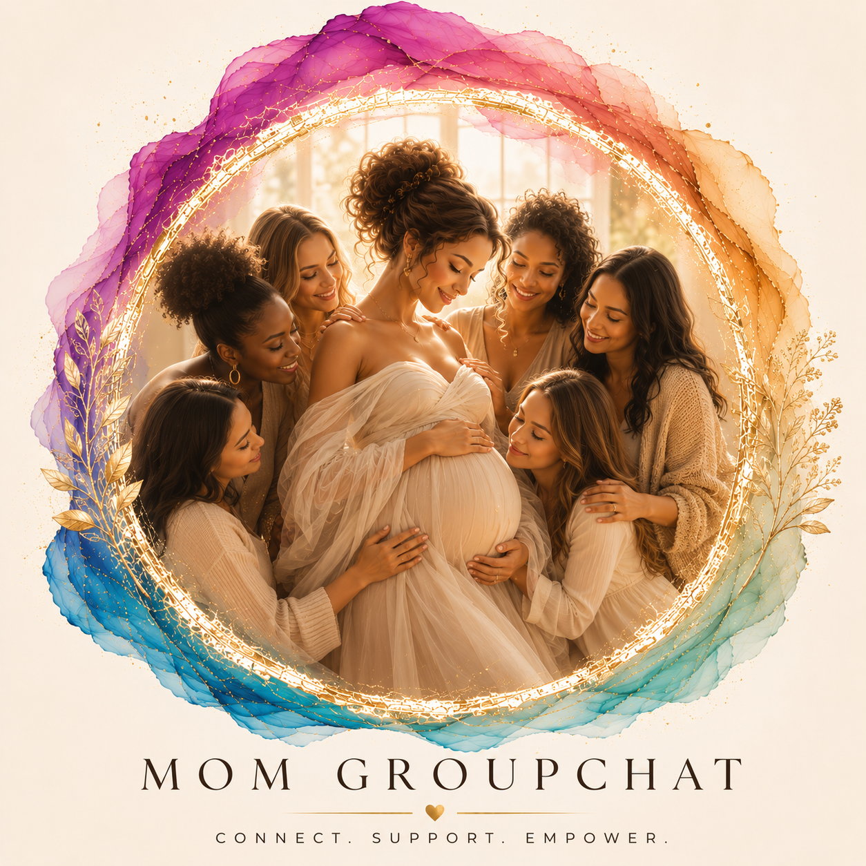 A circle of moms embracing an expecting mother — connect, support, empower